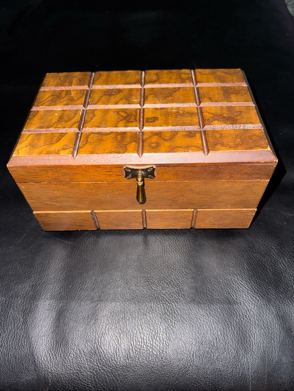 Vintage wood jewelry box with red velvet interior and mirror 5x8 inches MCM